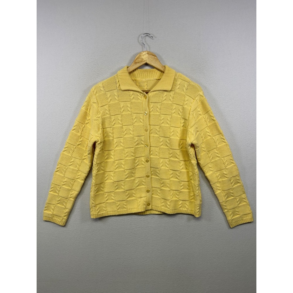 Vintage Grandmacore Textured Checkerboard Knit Women Medium Yellow Cardigan